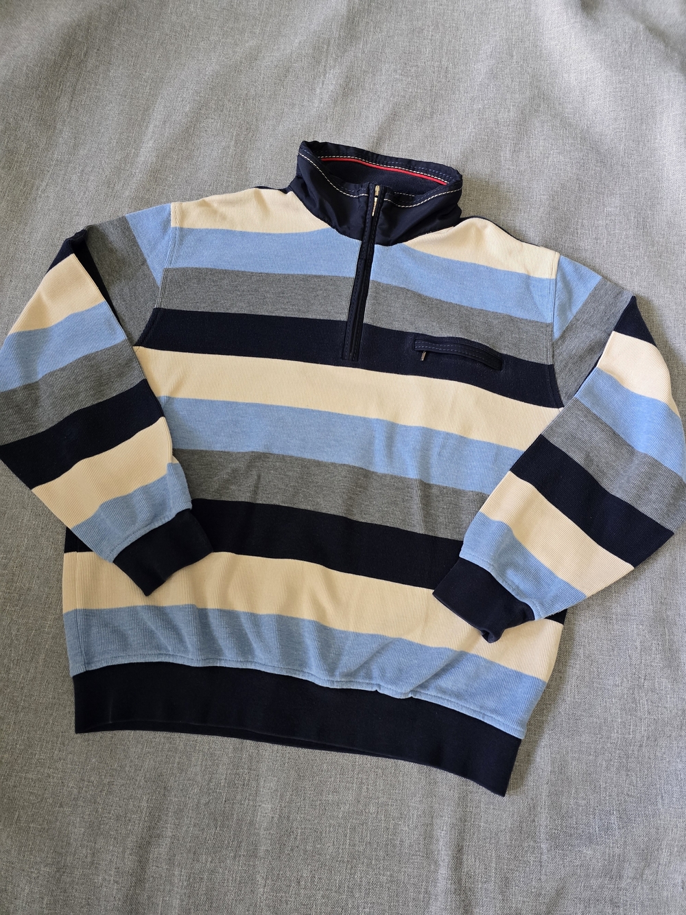 Bugatti Striped 1/4-Zip Sweater - Blue, Cream & Gray Size XL